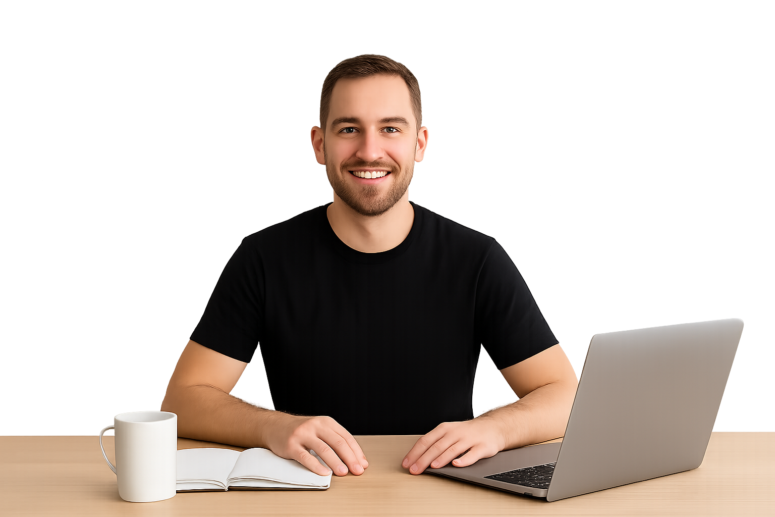 Homem sorrindo em ambiente de trabalho organizado